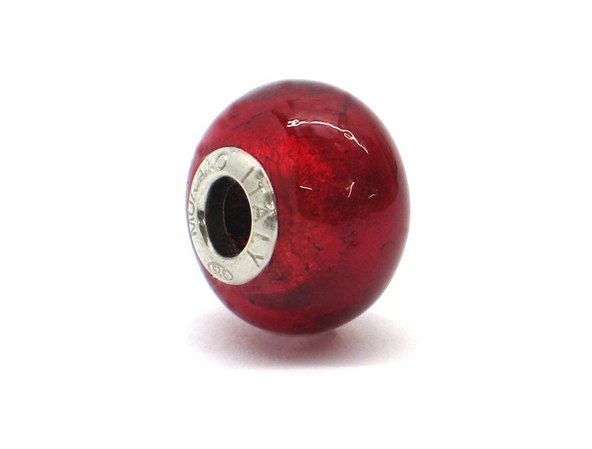 Murano glas bead rood wit zilver stripes