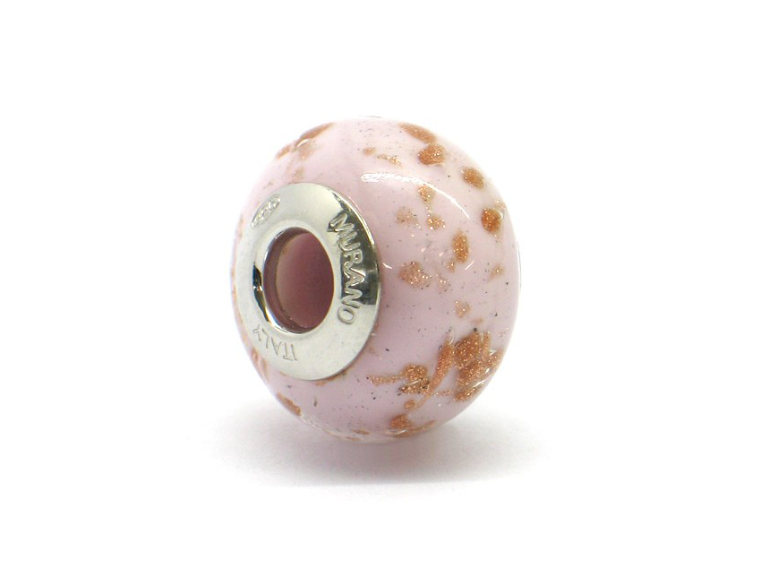 Murano glass bead old pink with golden swirls