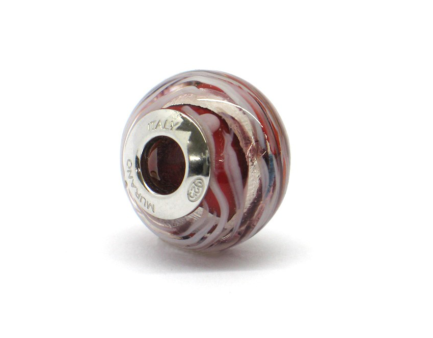 Murano glass bead red white silver stripes