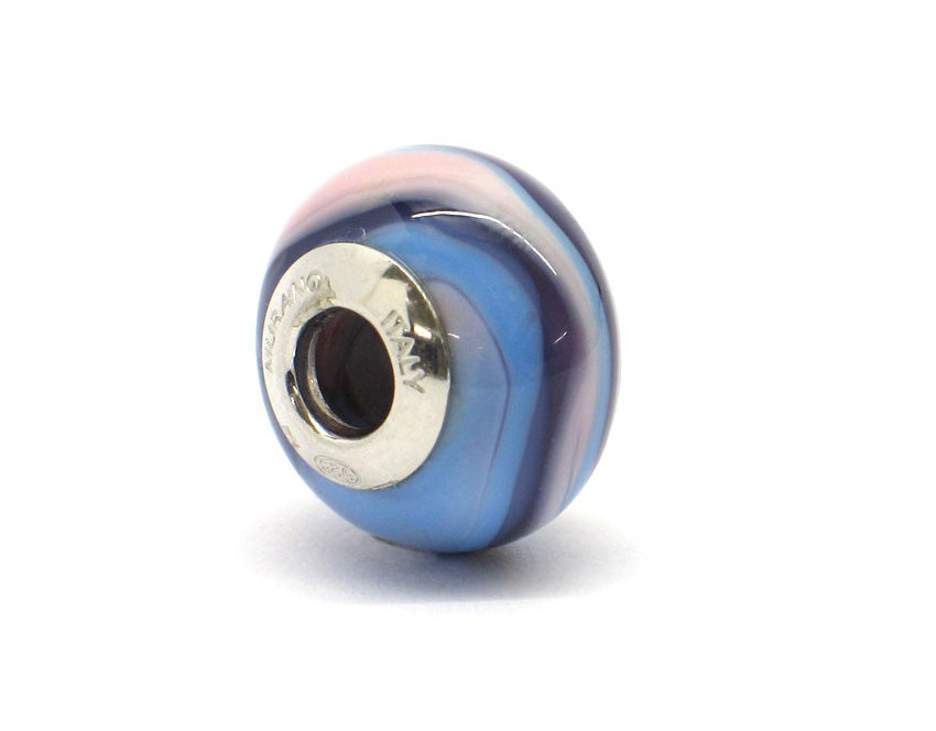Murano glas bead rood wit zilver stripes